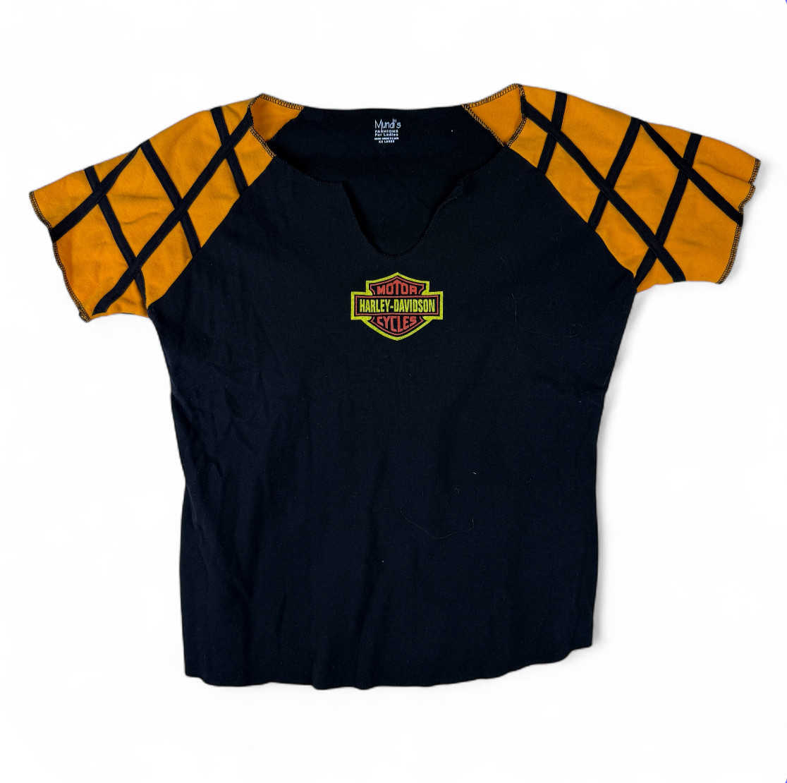 Harley-Davidson Womens 2XL Black & Orange V Neck Short Sleeve Shirt