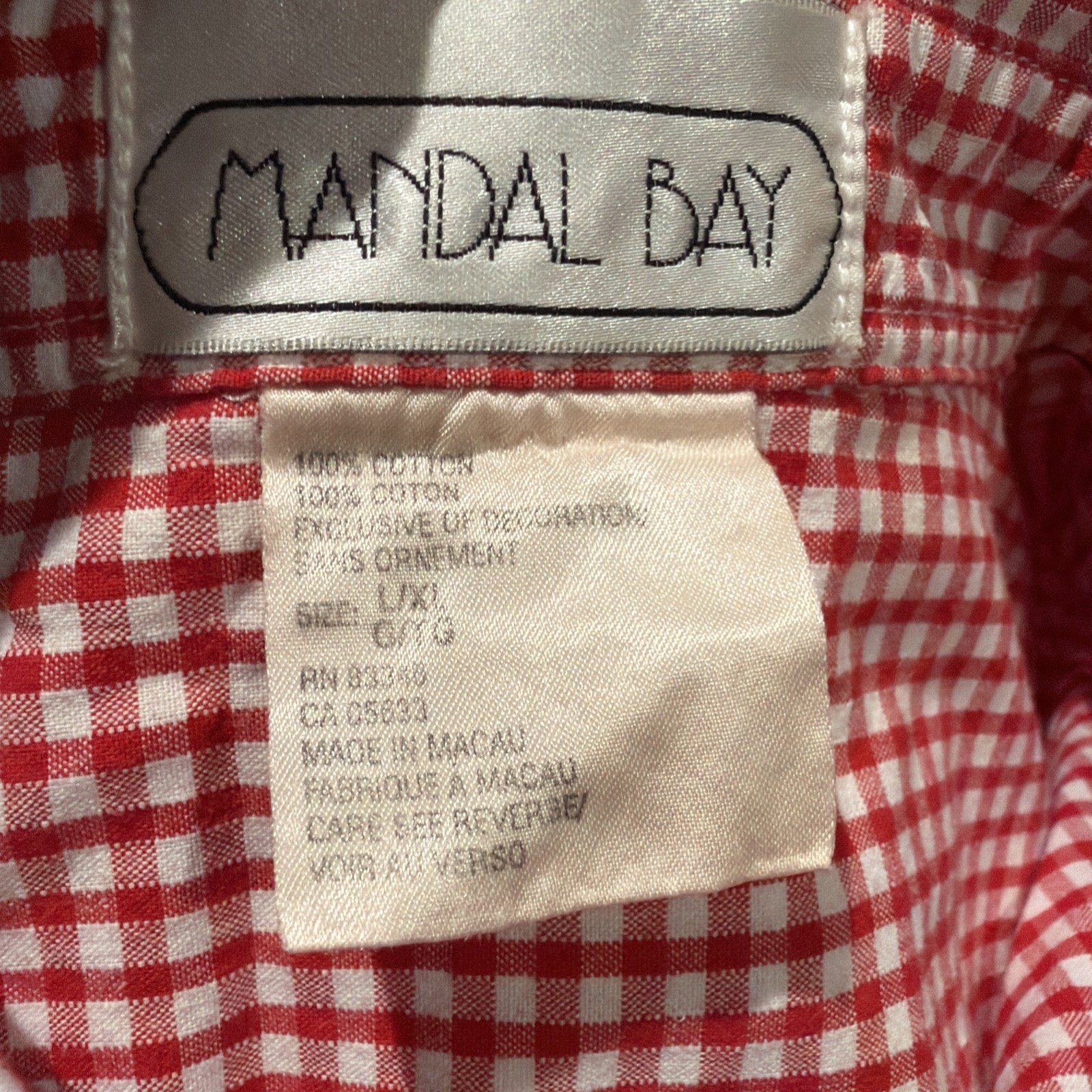 Vtg 90s Mandal Bay Gingham Embroidered Fruit Shirt Size L/XL watermelon Picnic