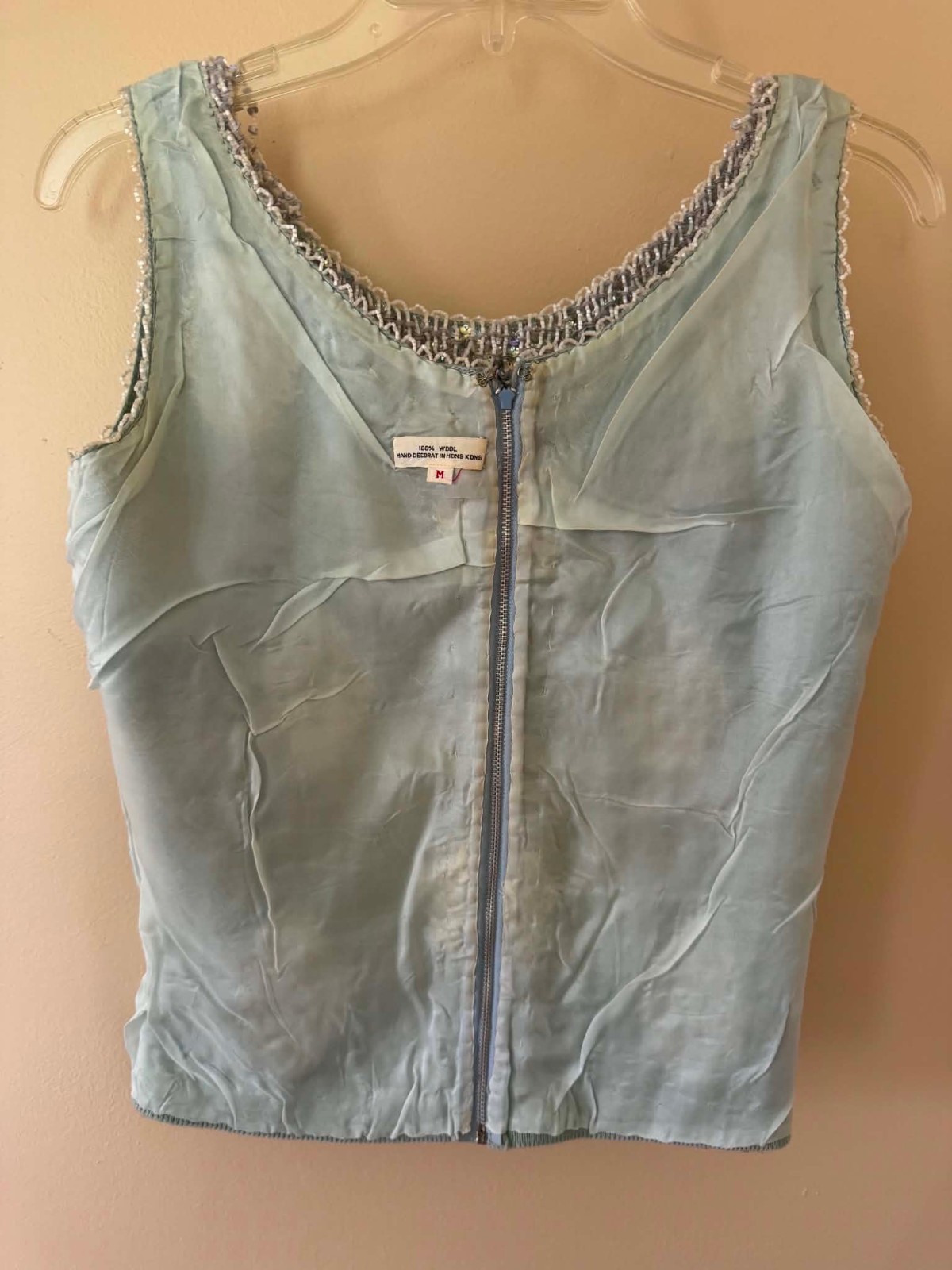 1950’s-60s Ice Blue & Silver Hand Beaded Sequined Wool Top Size M Hong Kong