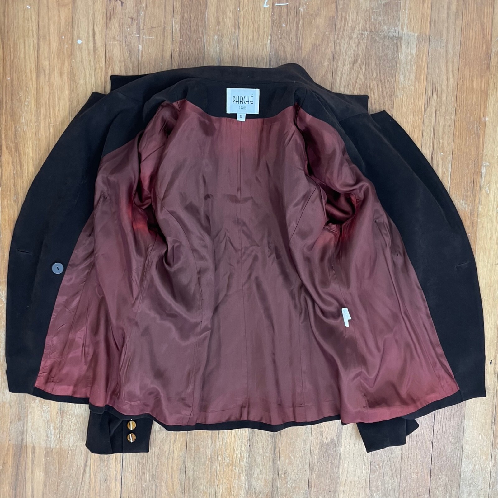 Vintage Women’s Blazer Gold Enamel Button Jacket Brown Ultra Suede Size Medium