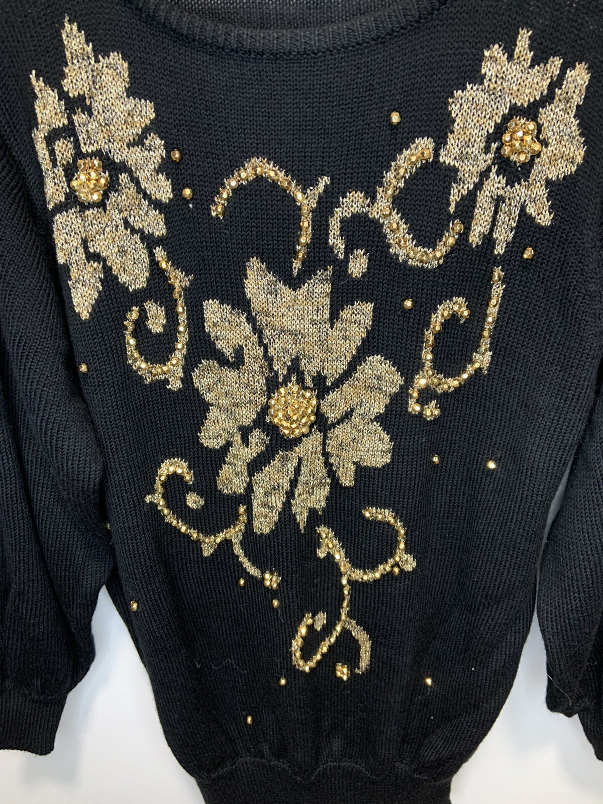 Campus Casual Of CA Vintage Sweater Womens M Black Gold Embellished Floral