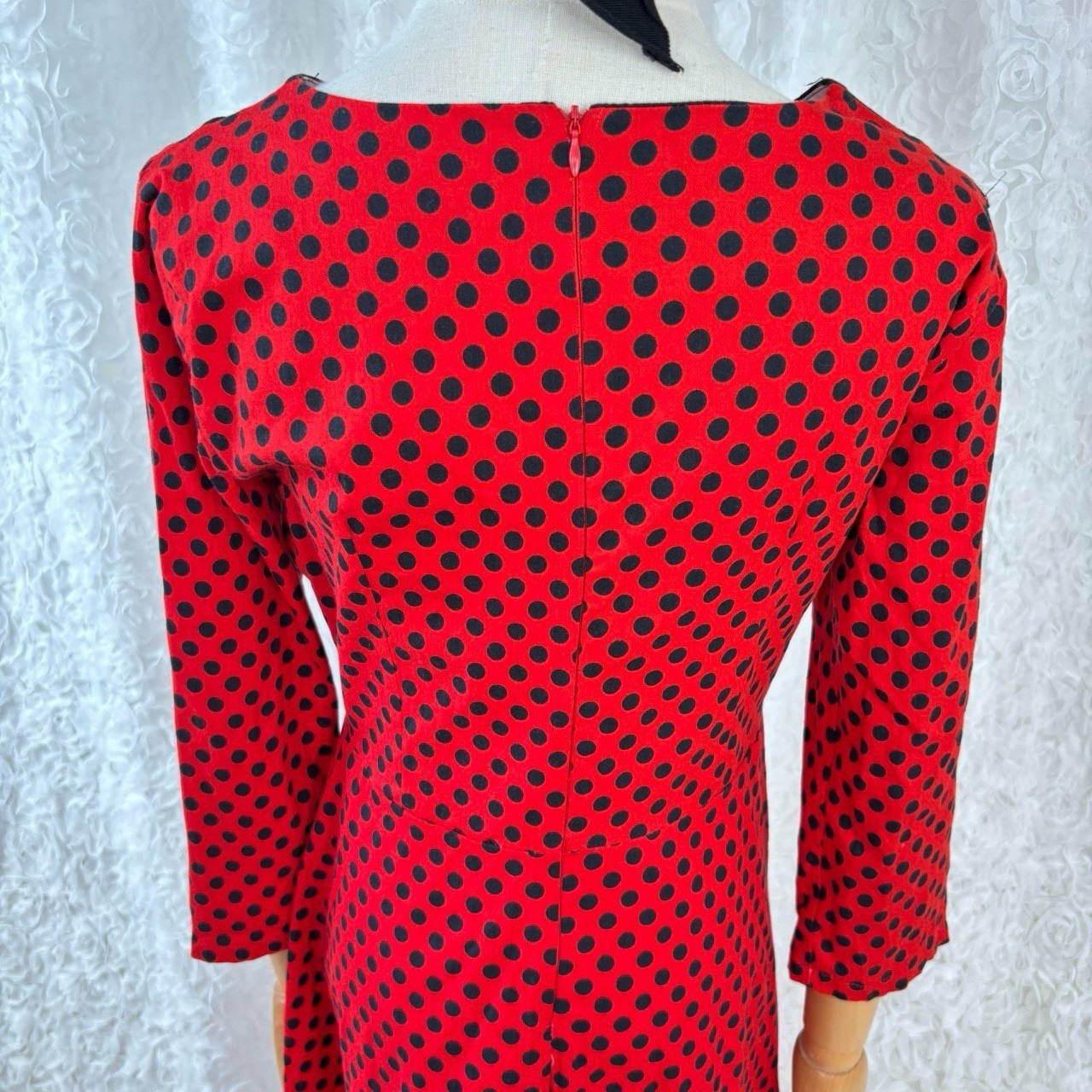 Mixinni Vintage Red Black Polka Dot Midi Dress Bow Collar Rockabilly Retro 50s