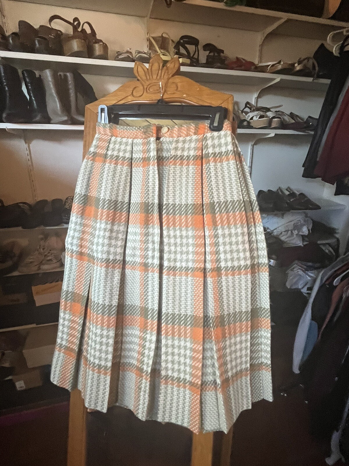 Vtg 1950s 60s Olive & Blue Wool Plaid Pleated Skirt S Just Below Knee Length EUC
