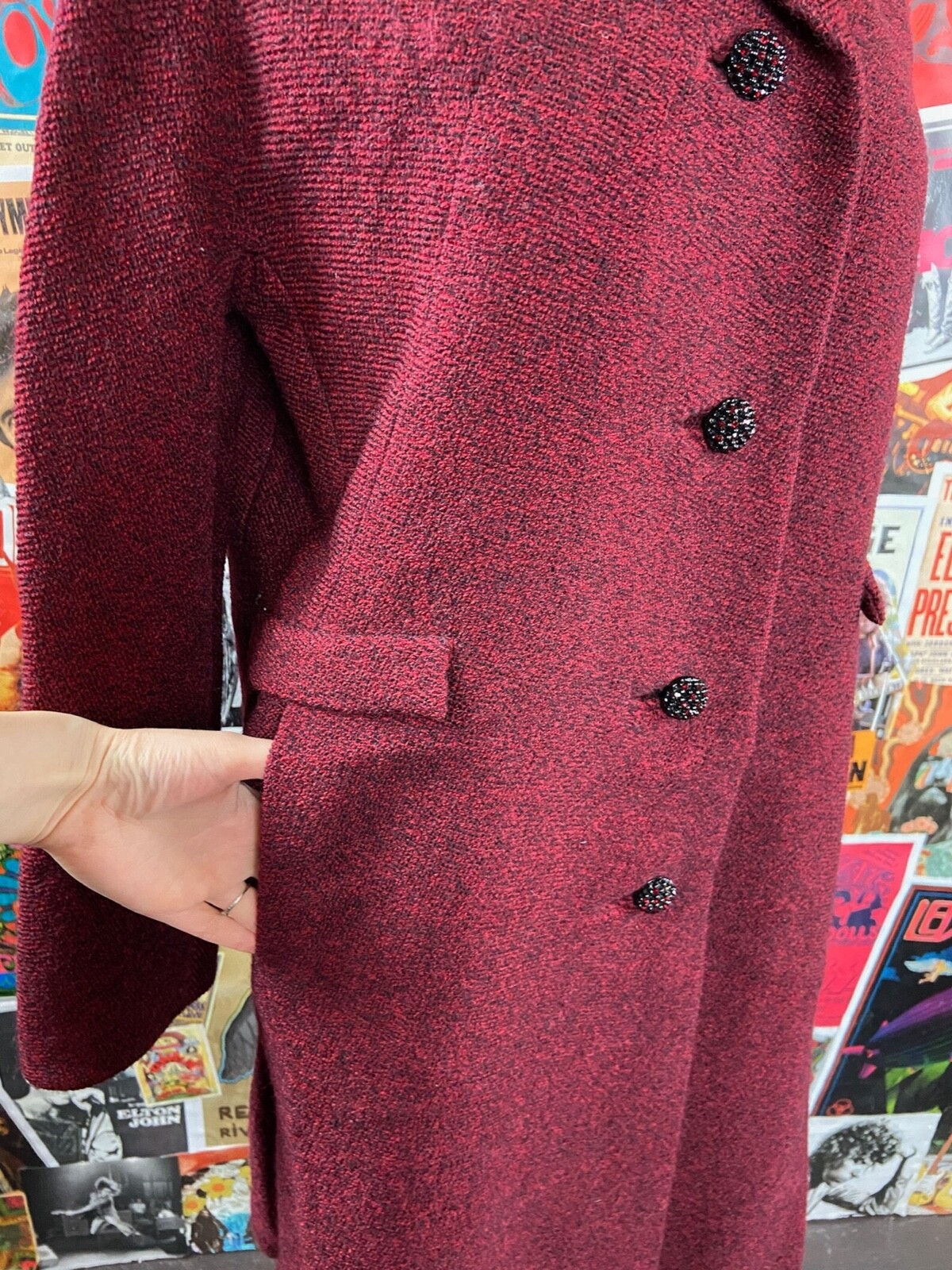 Vtg Womens 60s Red Black Single Breasted Bromleigh Wool Car Coat