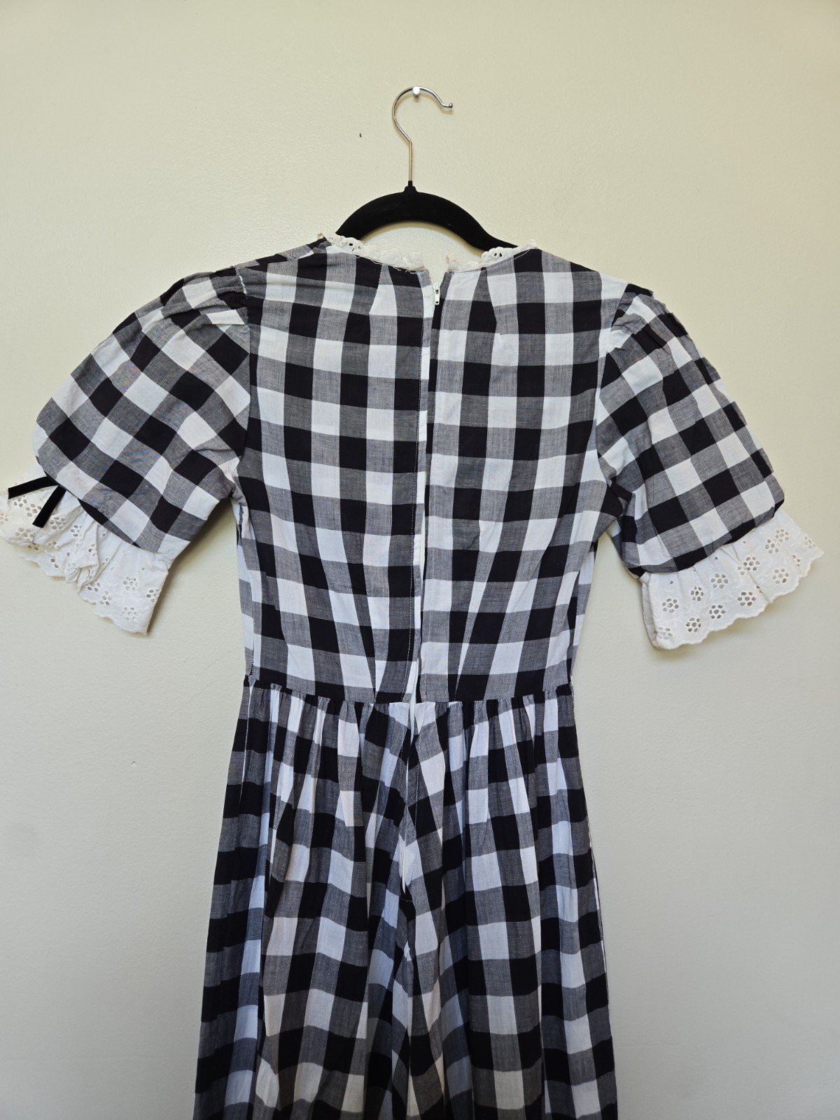Vintage Womens Gingham Check Dress Eyelet Black White Dainty Sz Xs S 4 Prarie