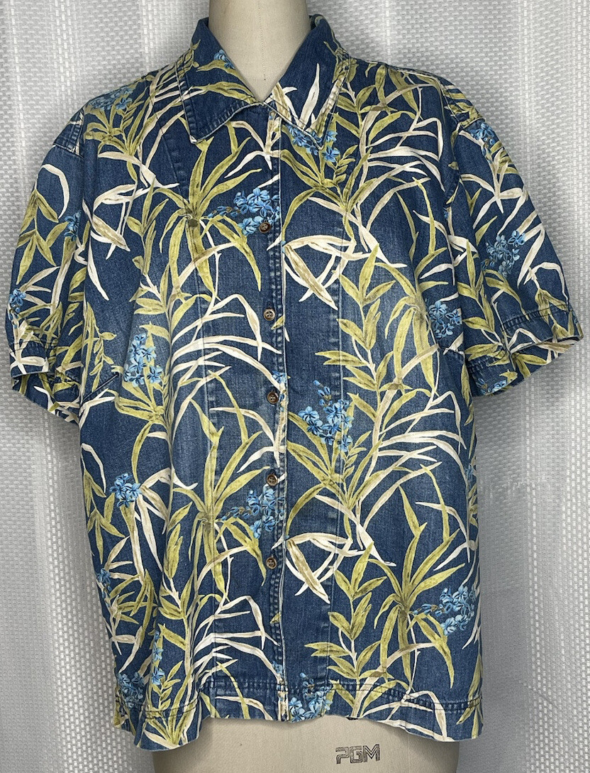 VINTAGE LIZ CLAIBORN WOMEN’S LEAF PRINT DENIM SHORT SLEEVE SHIRT BLUE 22W