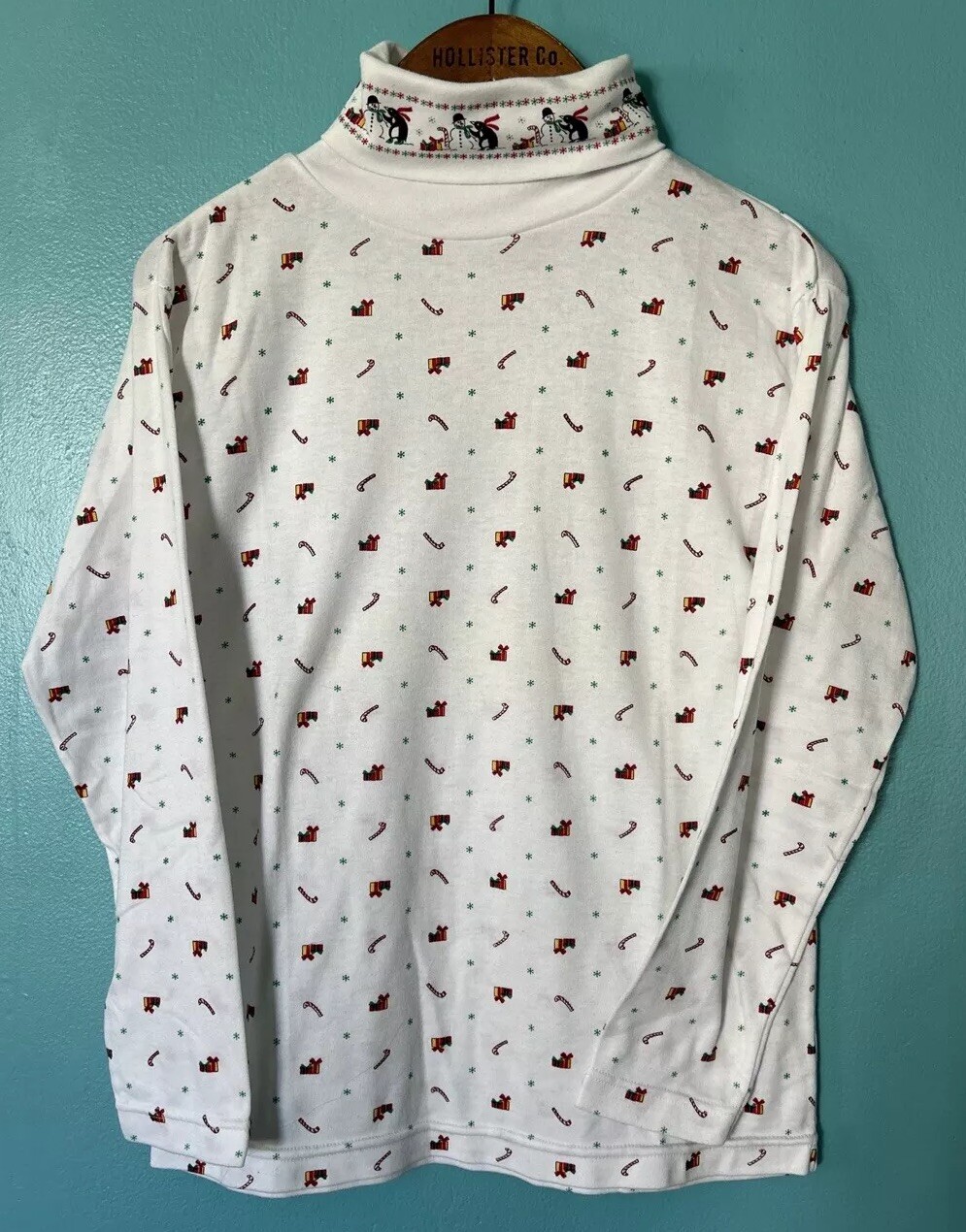 Vtg Christmas Print Turtleneck Long Sleeve Soft Candy Cane Med Chic 90’s Penguin