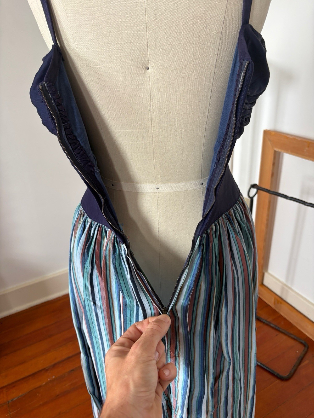Vintage 40s Rayon Maxi Dress Ruched Bodice Colorful Striped Full Sweep Skirt XXS