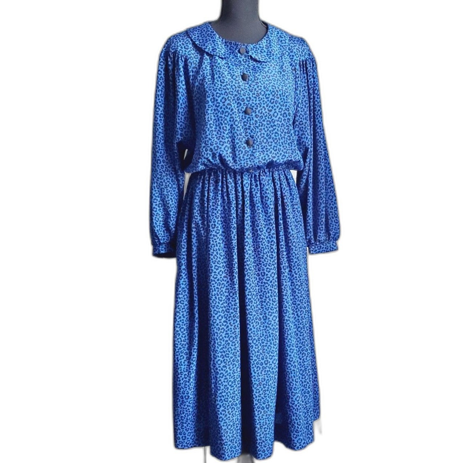 Vintage Tribute Blue Animal Print Dress Elastic Waist Long Sleeve Size M GUC