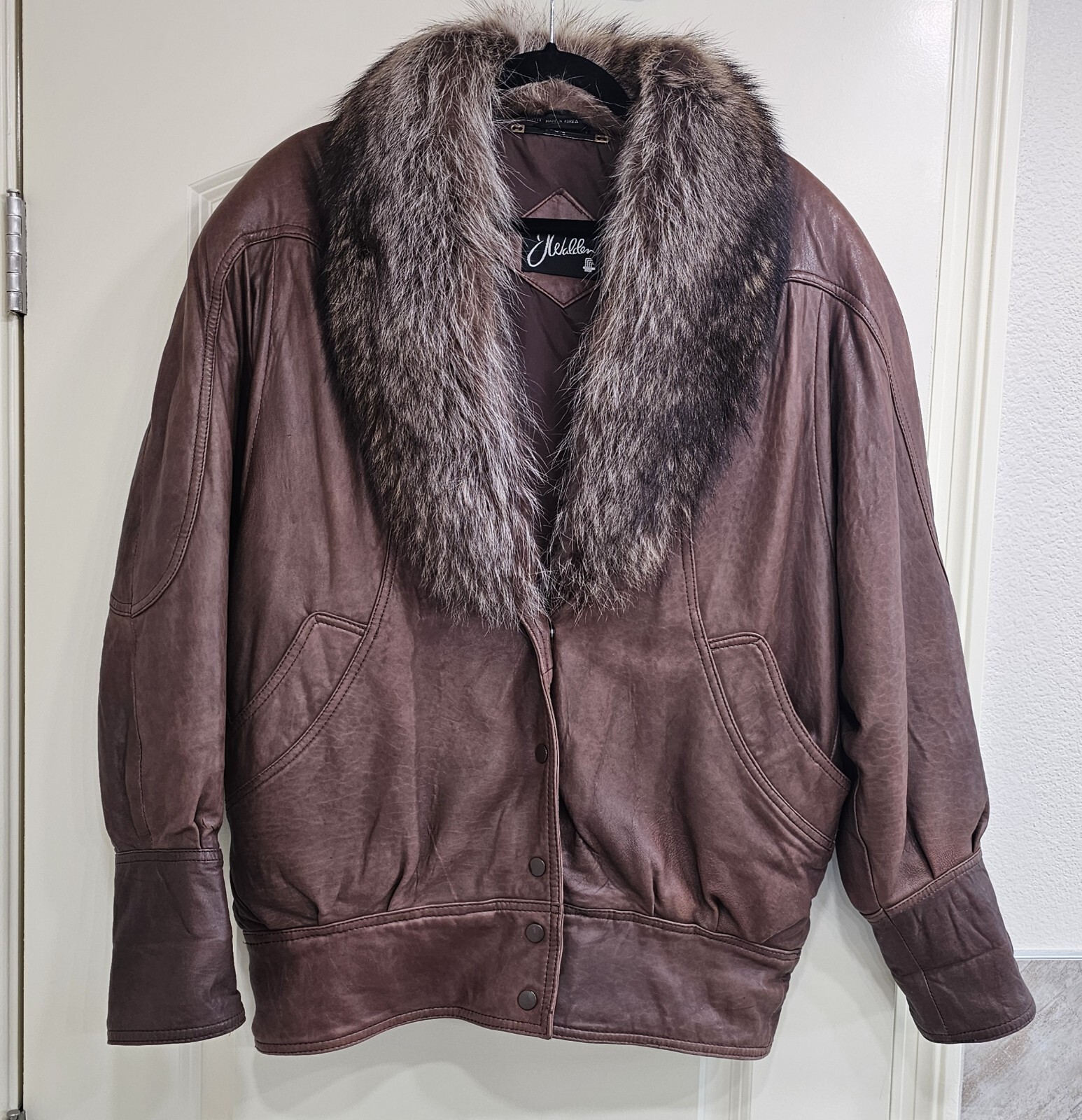 J Walden Vintage Leather & Raccoon Fur Brown Bomber Jacket Size 7/8