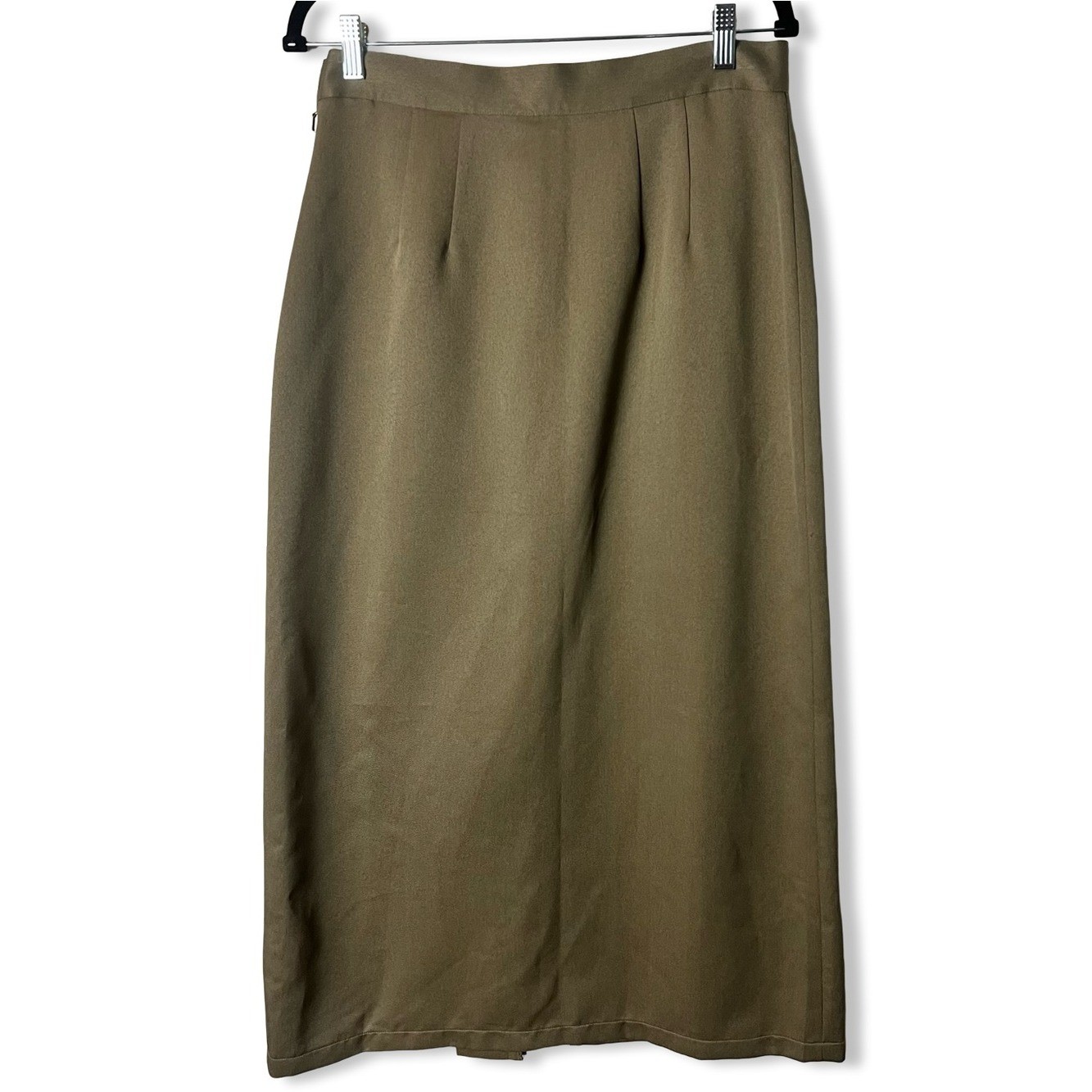 Together Vintage 80s Tan Midi Skirt Faux Leather Buckle Straps Pleated Slit Sz S