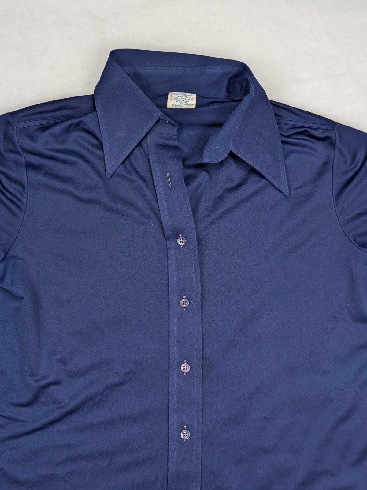SEARS Perma Prest Vtg 60s 70s Navy Blue Btn Short Sleeve SHIRT TOP Women’s L 16