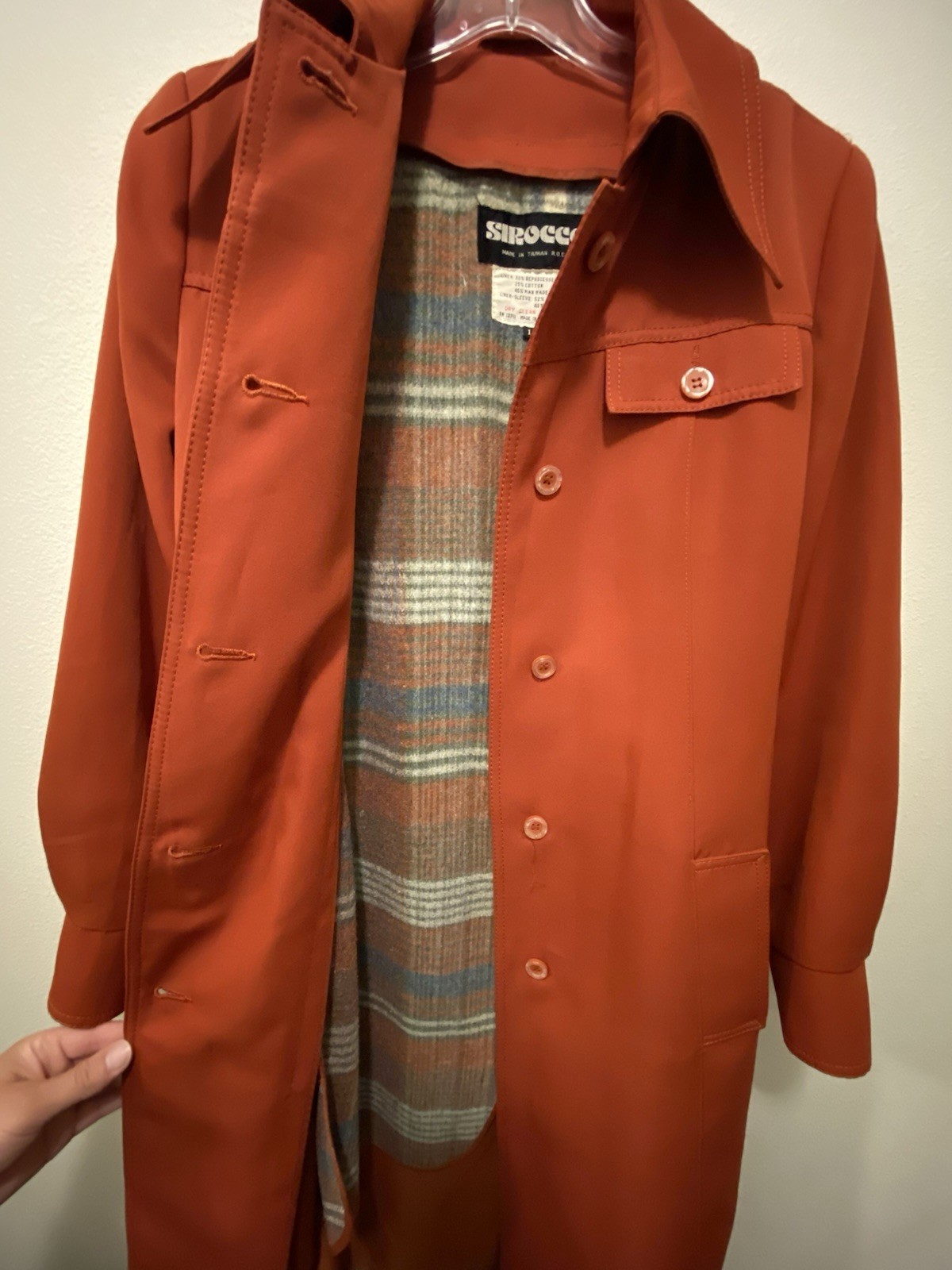 Vintage 1970s Sirocco Rust Orange Trench Coat Plaid Lining Belt Sz 12 Exc