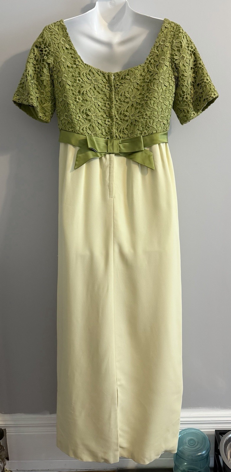 Vintage 60s Maxi Dress M/L Green Crochet Yellow Long Short Sleeve Union Made