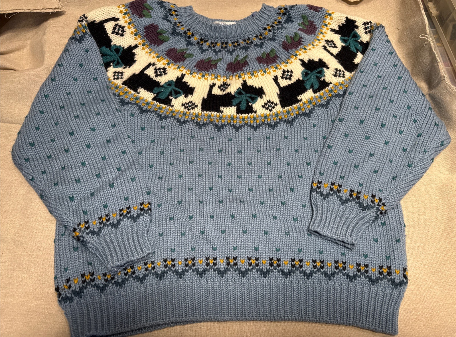 Vintage Northern Isles Scottish Terrier Dogs and Apples Hand Embroidered Sweater