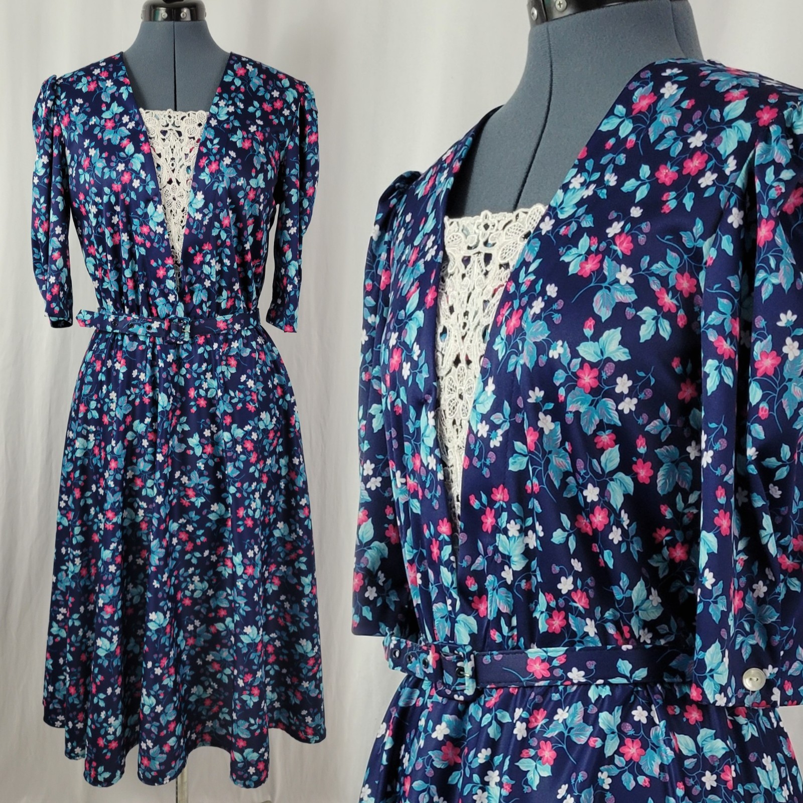 Vintage Whirlaway Blue Floral Dress w White Lace Inset & Matching Belt Size 12