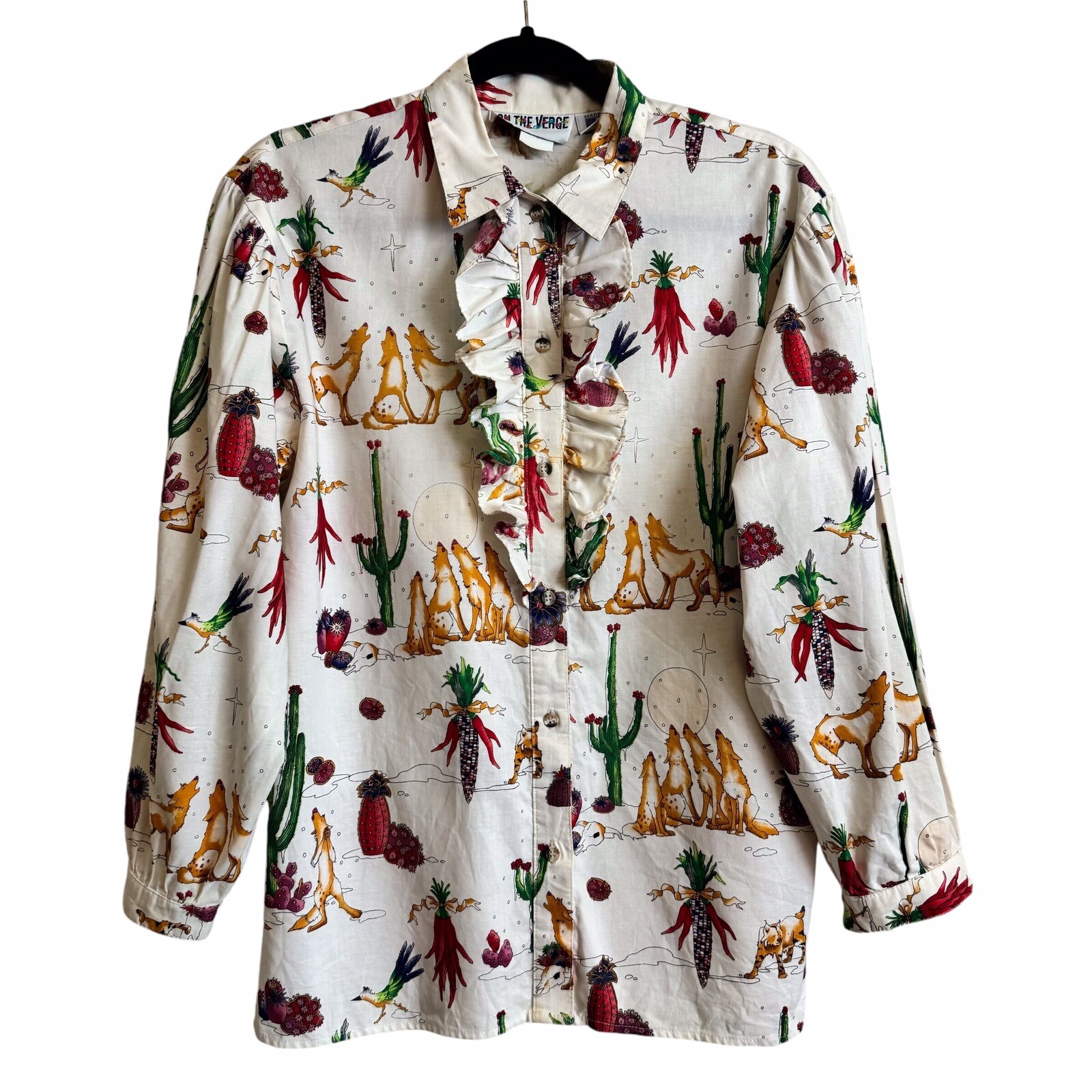 Vintage On The Verge Size Small Cowboy Western Cactus Ruffle Button Up Top