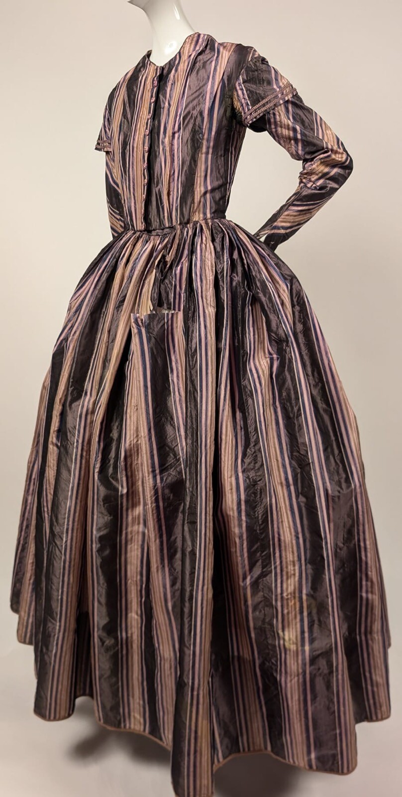 VIBRANT STRIPED HAND SEWN 1840’S SILK TAFFETA DRESS W EPAULETS