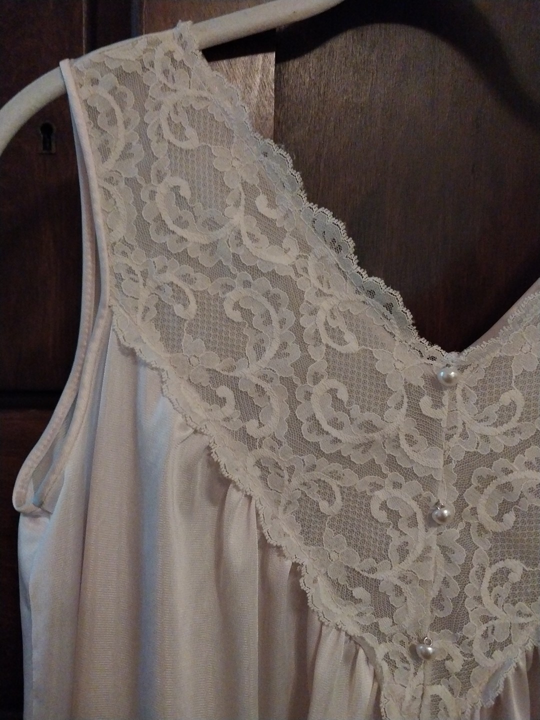 Vintage Lingerie Nightgown Lace Soft Pink Faux Pearl Buttons L Flowy Knee Lngth