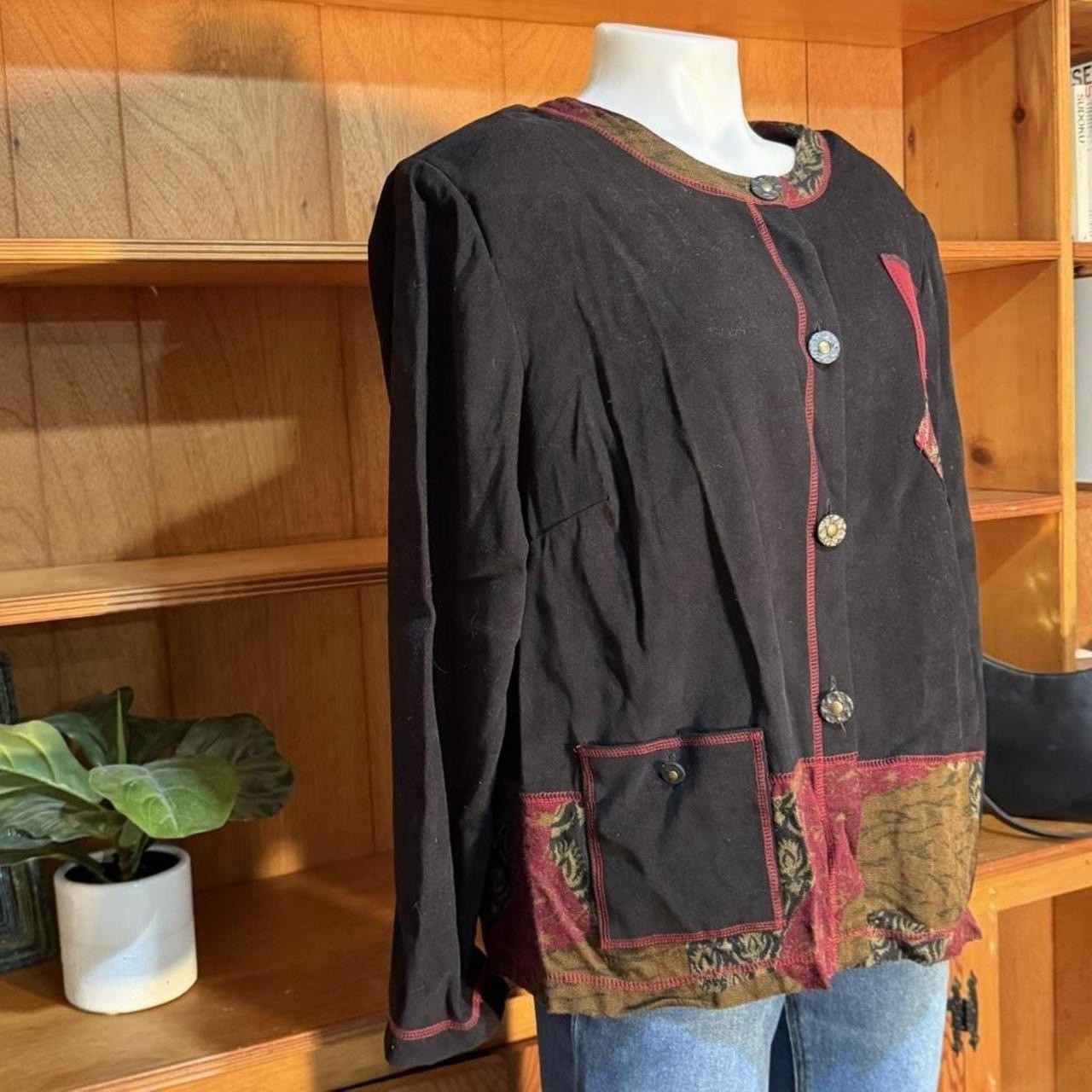 Vintage 90’s C.M. Shapes Patchwork Boho Jacket Top Women’s Artsy Button Front