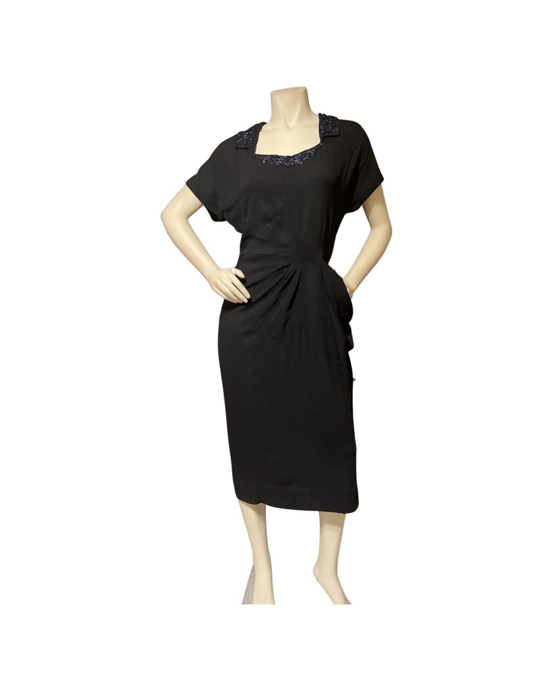 1940s Black Crepe dress Hannah Troy Sequin Formal Evening Cocktail Party 40s VTG