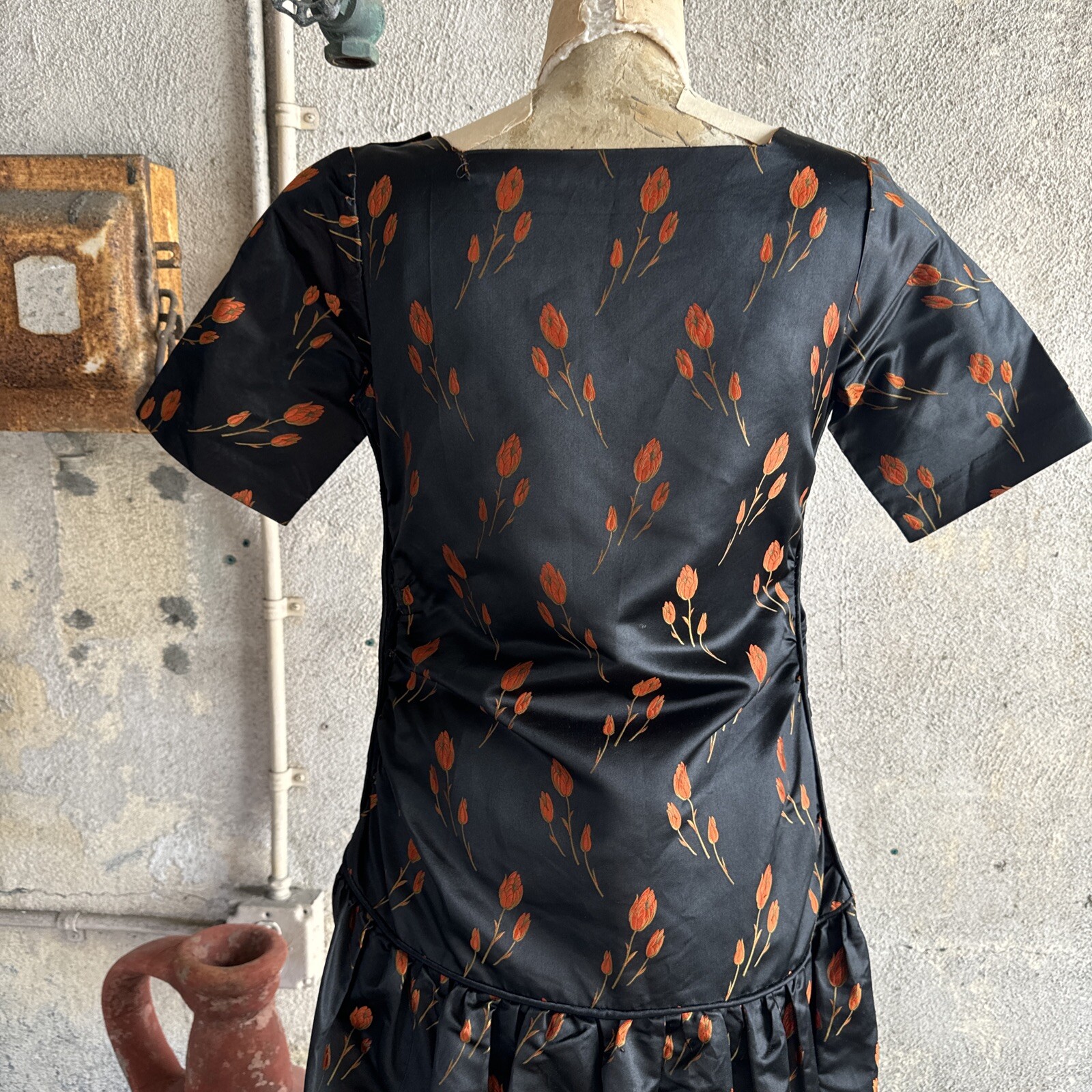 Antique 1920s Orange Tulip Silk Brocade Dress 1890s Fabric Full Length Vintage