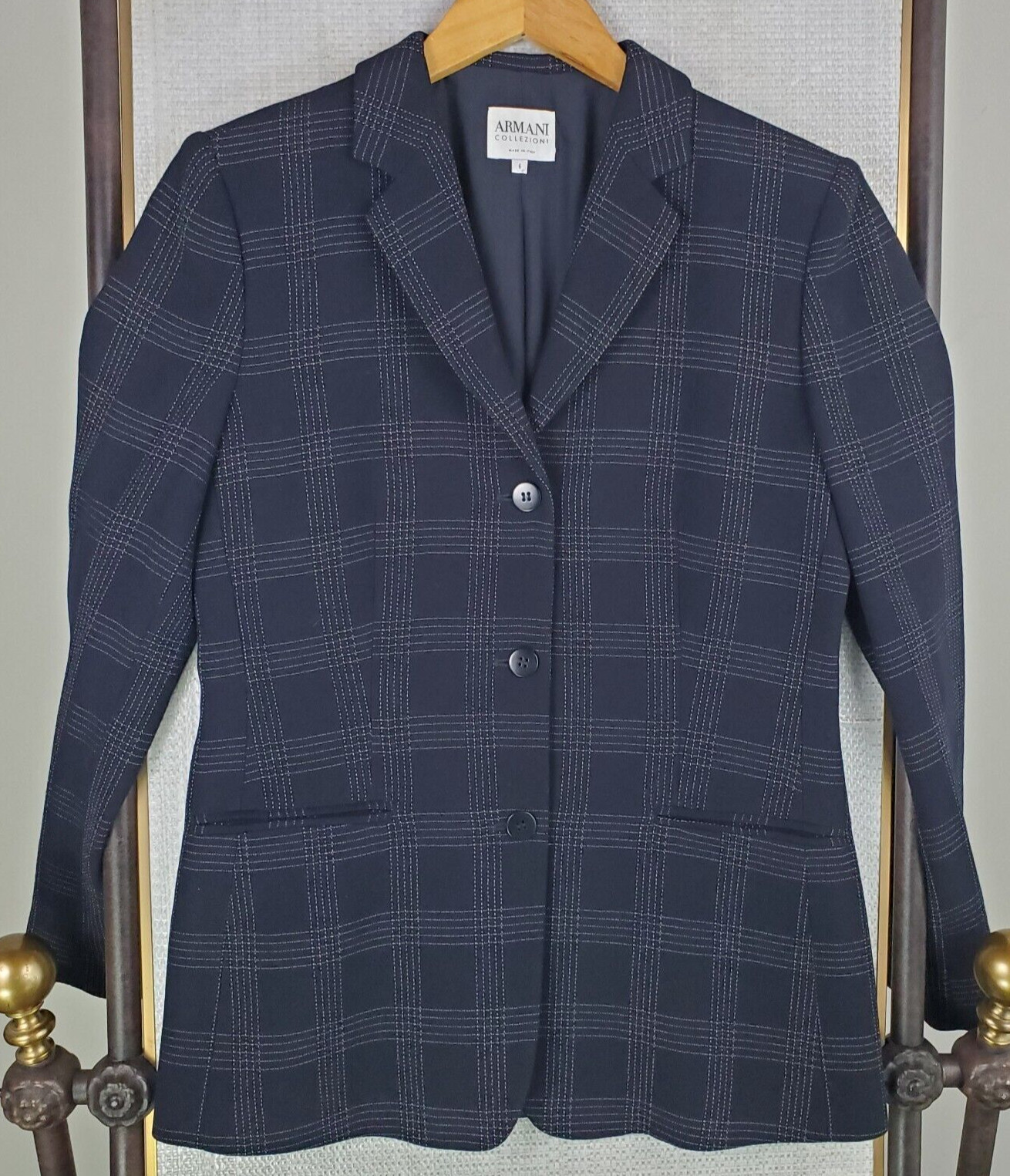 ARMANI COLLEZIONI Womens Size Small 6 Italy Made Black Plaid Wool Blazer Jacket