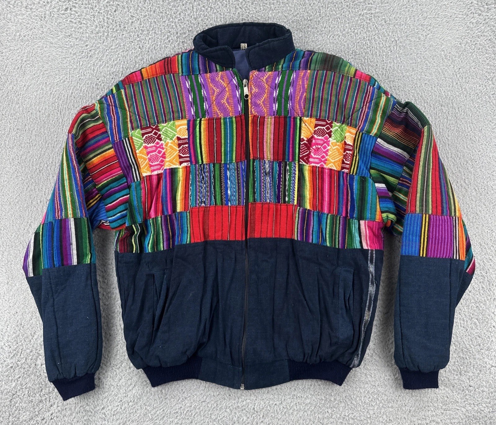 Vtg Guatemalan Textile Colorful Handmade Full Zip Bomber Style Jacket Adult L