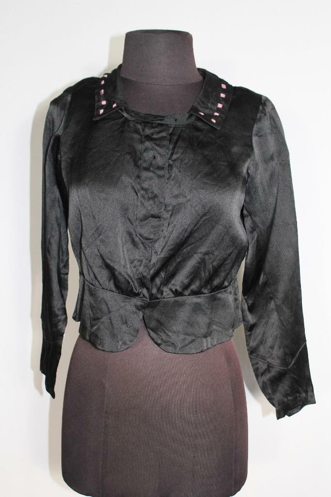 RARE FRENCH ANTIQUE EDWARDIAN BLACK EMBROIDERED SILK SATIN BLOUSE SIZE MEDIUM