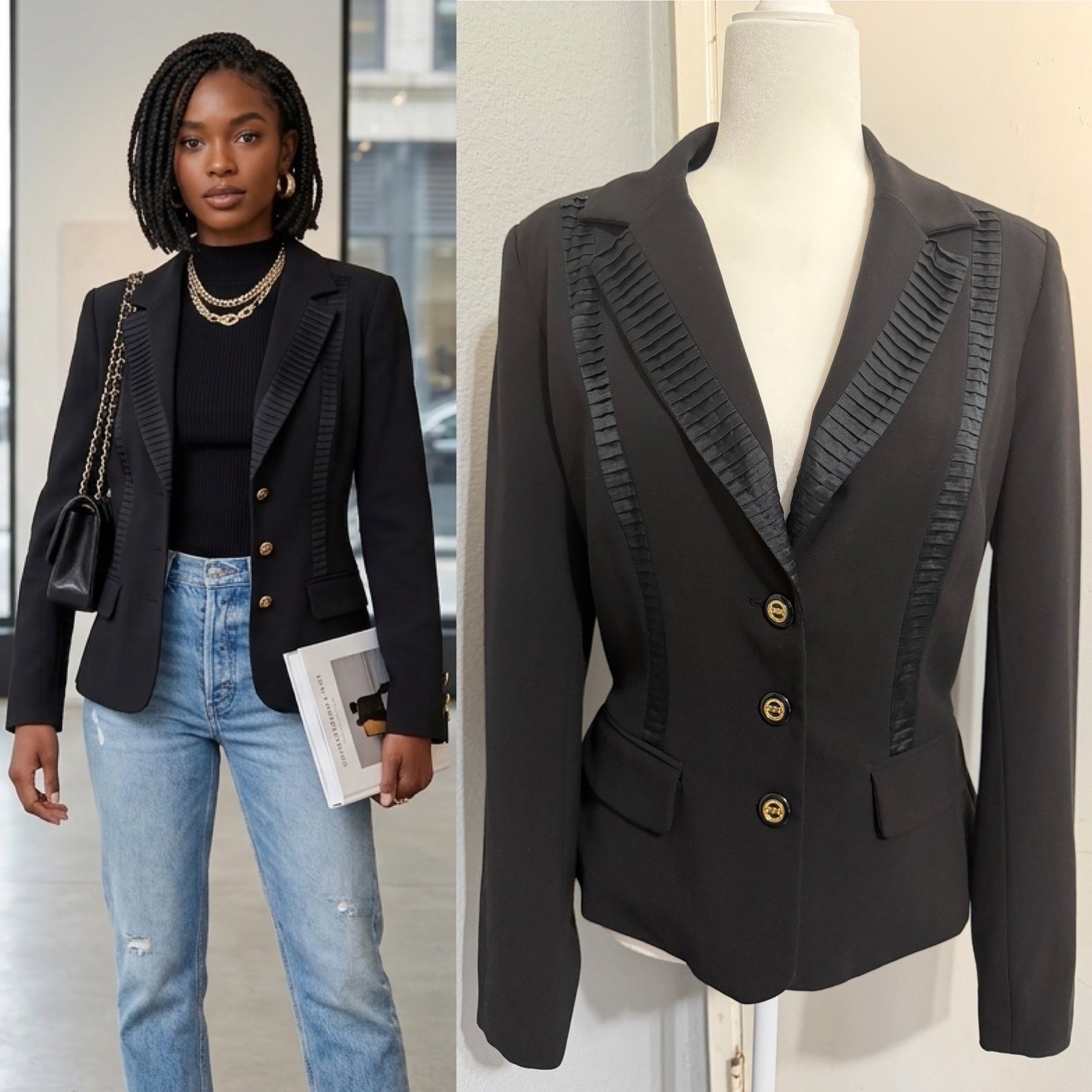 Vintage Cache Womens Black Blazer Size 10 Silk Pleated Trim Gold Button Tailored