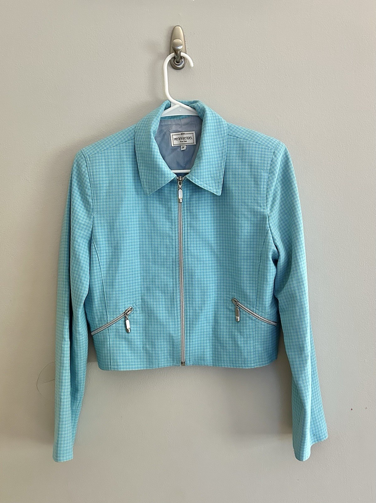 Vintage Henri Bendel Blue Tonal Cropped Zip Up Blazer Jacket | Size Medium