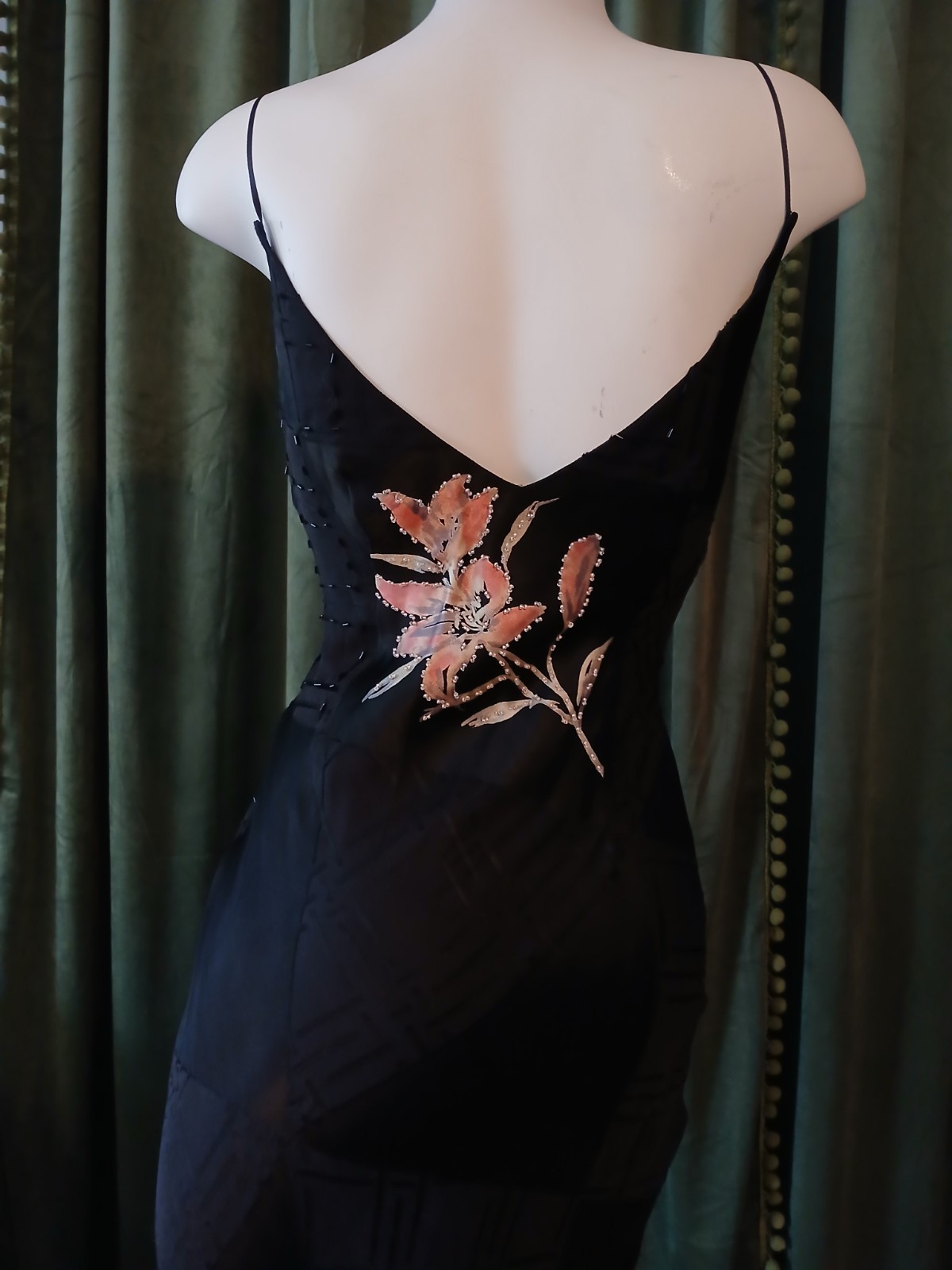 Vintage 90s L’Pogee Black Silk Rayon Floral Beaded Bias Cut Slip Gown Dress 8