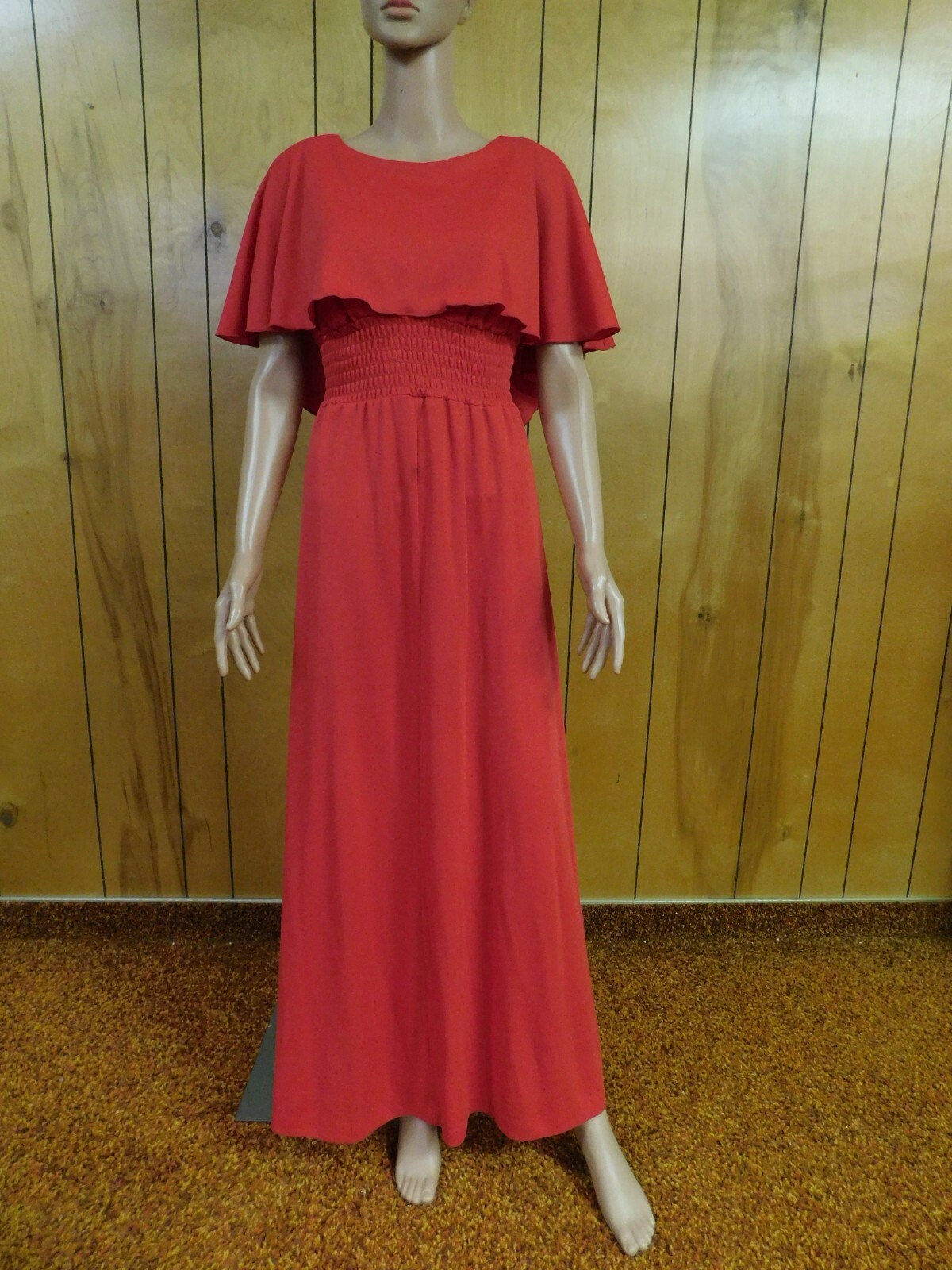 Vintage Red Polyester Gown Maxi Dress 26- 30″ W Soiled*