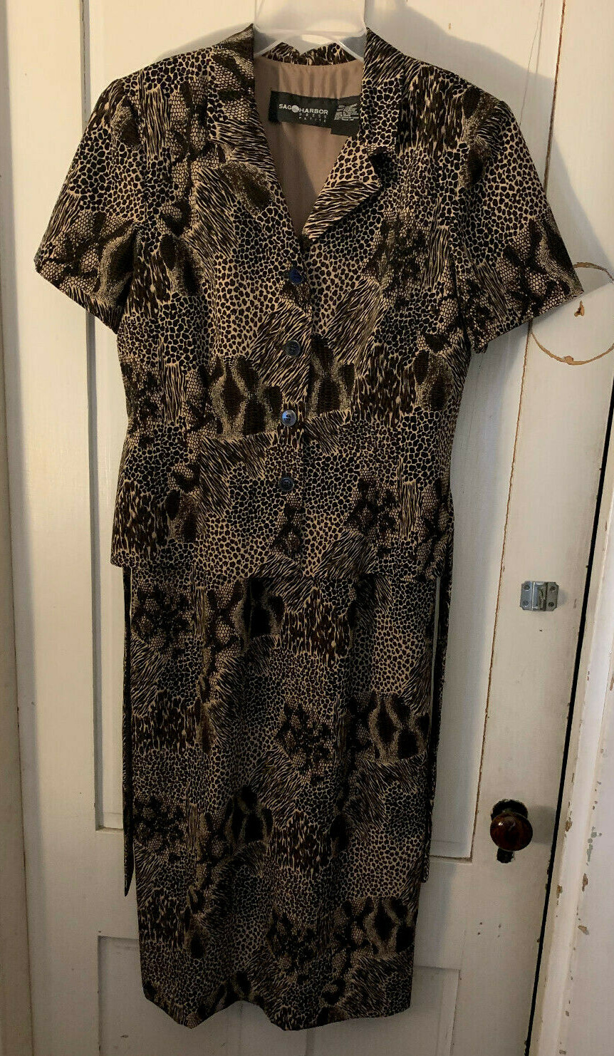 90s vtg Y2K Mob Wife Dress Jungle Print Peplum Brown Black Belt M-L Bust=36