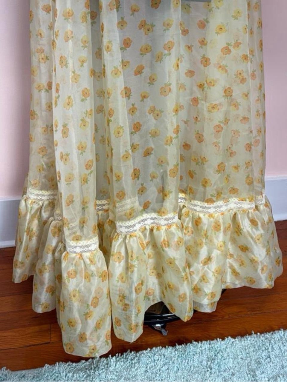 Vintage 70s Sheer Floral Maxi Hostess Gown Duster Dress Prairie Bell Sleeve S