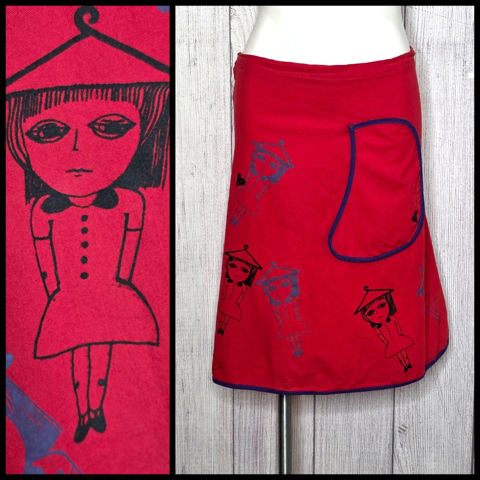 Handmade Whimsical Kitschy Folk Art A-Line Skirt Red Novelty Print Dolls