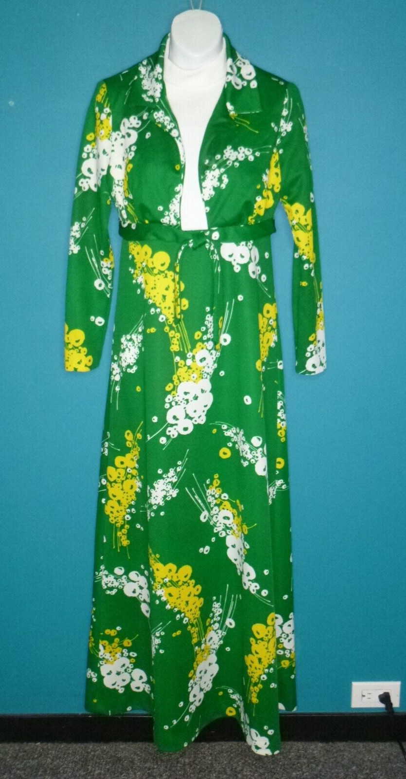 Vtg 70s Polyester Maxi Dress Matching Jacket Green Yellow Abstract Floral Sz S