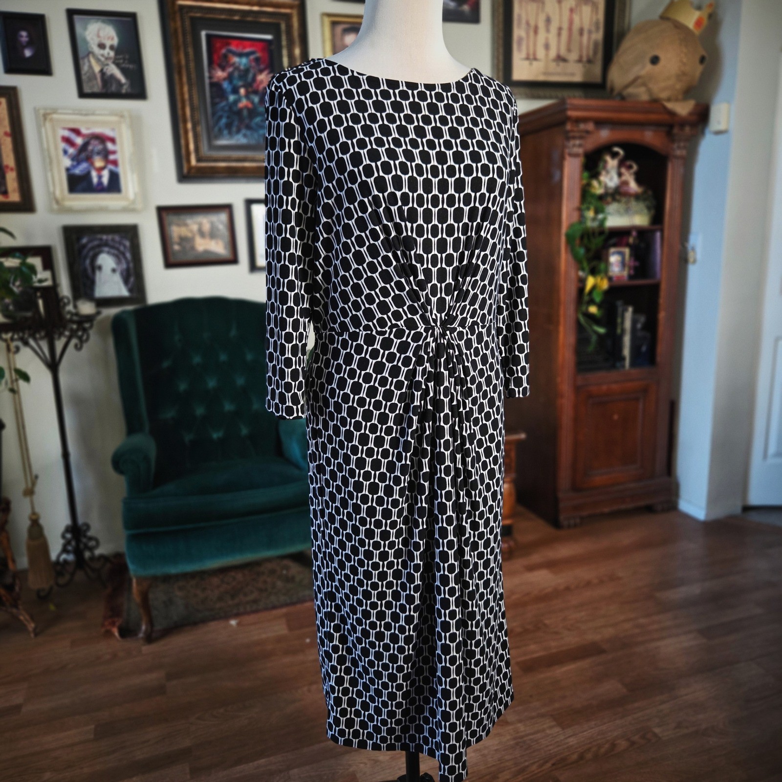 Dennis Basso Midi Dress Black White Geometric Print Tie Waist 3/4 Sleeve M