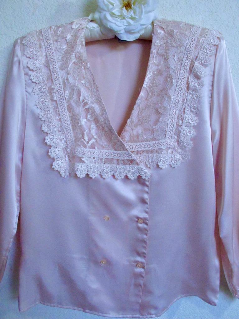 Vintage San Andre Silky Blouse 10 Pink Lace Victorian Collar Slick Shiny Satin