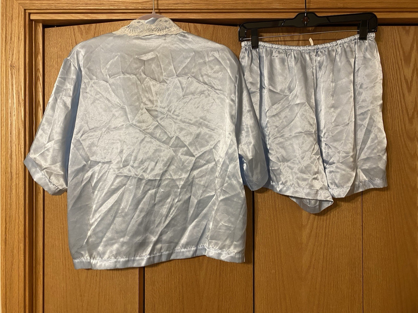 Vintage ME Miss Elaine 2 Piece Short Sleeve Lace Trim Blue Pajamas Large