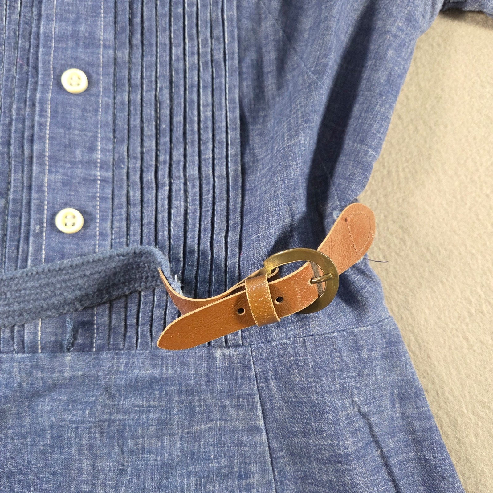 Vintage Mini Dress Womens Small Blue Chambray Pleated Belted Short Sleeve 80s