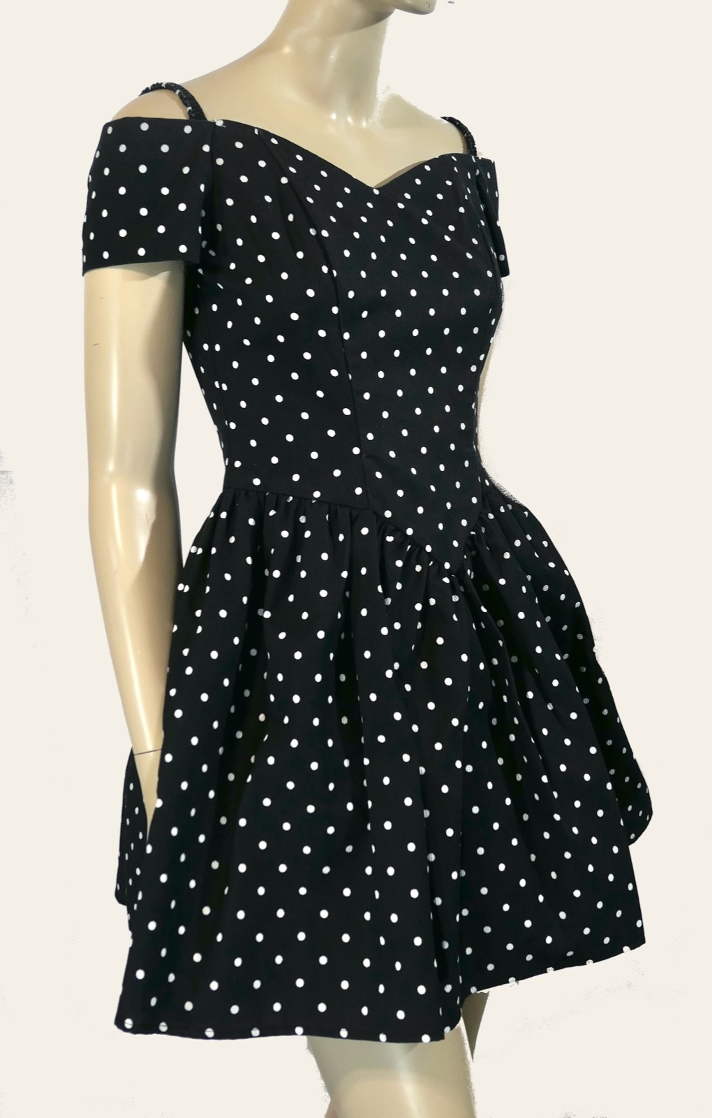 Vintage 80s New Wave Cold Shoulder Crisp Fit Flare Tulle Polka Dot Mini Dress XS