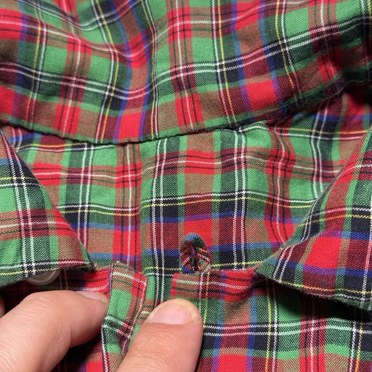True Vintage 70s 60s Pearl Button Red Green Plaid Button-up Loop Collar Shirt M