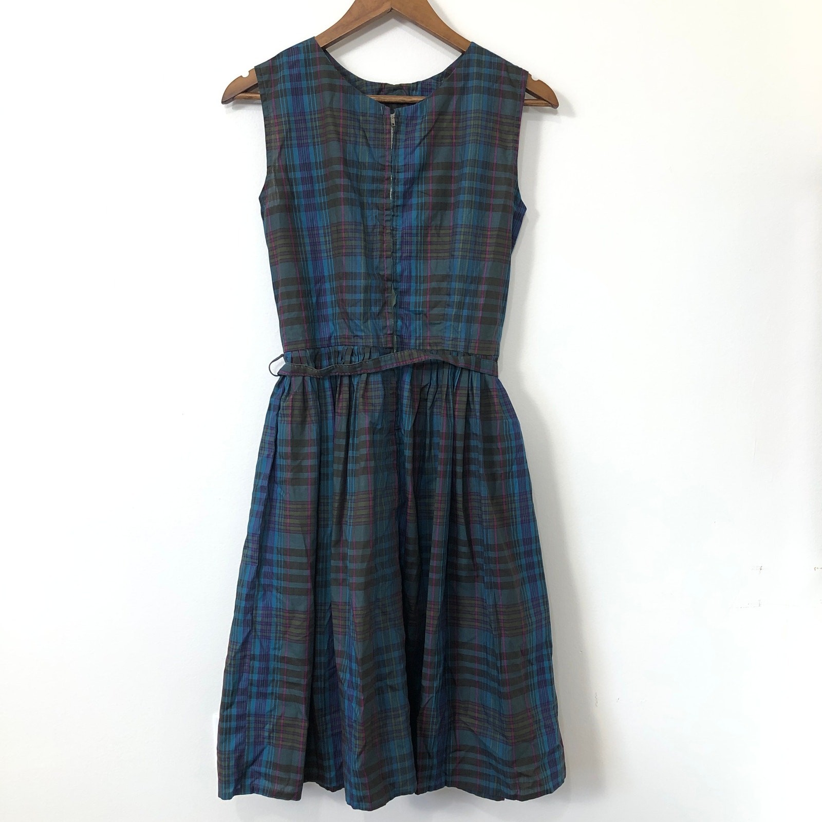 VTG 70s Montgomery Ward Plaid Dress Embroidered Pockets Belted XS Praire