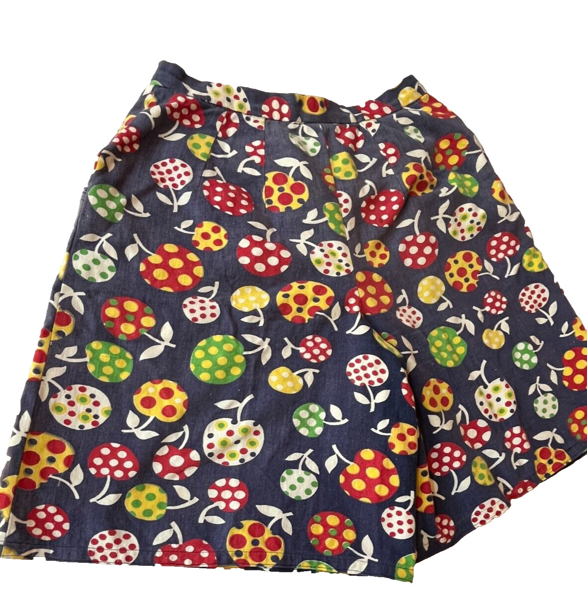 Vintage Womens Shorts Size Small Groovy 1970s Polka Dot Fruit High Waisted Blue