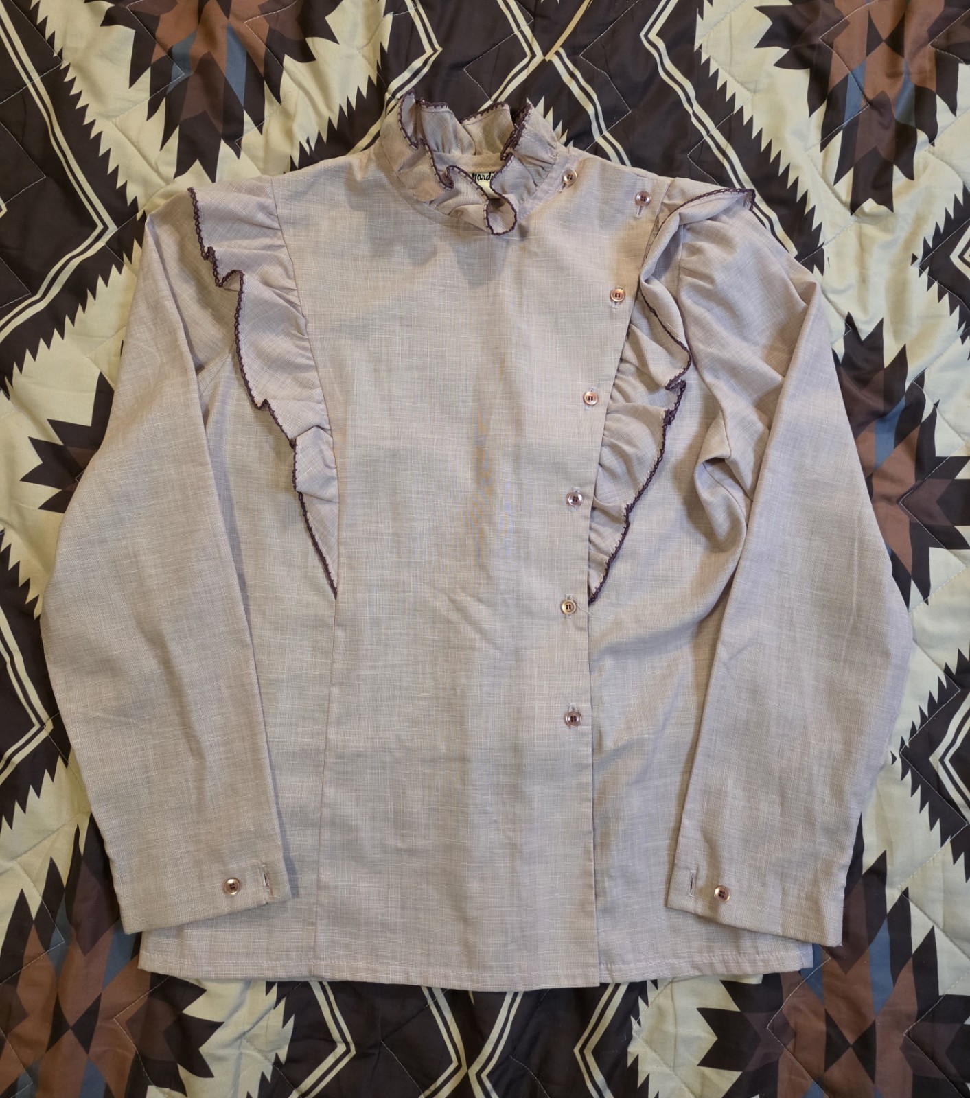 Vtg 70s Jo Hardin Cross Button Ruffle Blouse Purple Women’s Size 8 Cottagecore