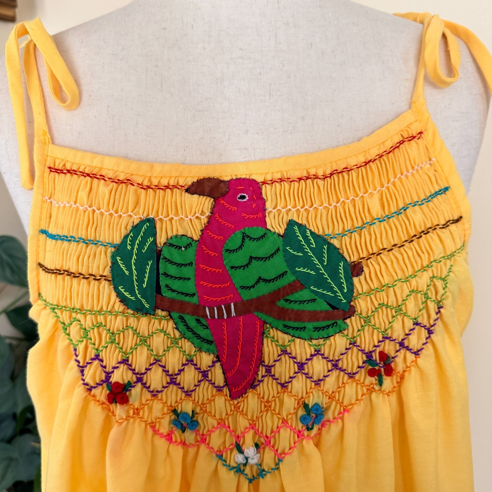Handmade Artisan Mexican Style Embroidered Bird Smocked Sundress Tie Sleeves