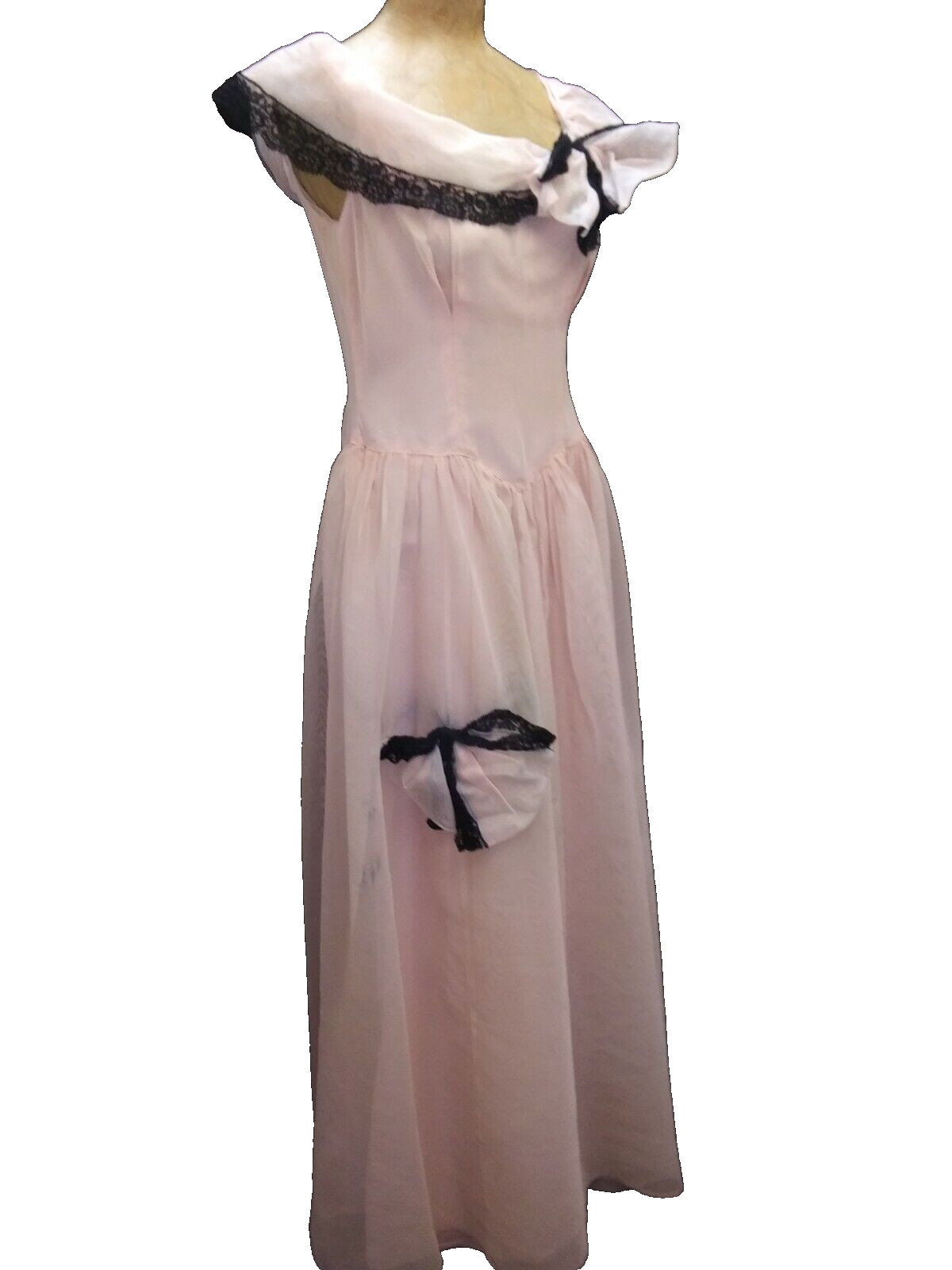 1950’s Pink Fine Mesh Acetate Black Lace Evening Gown by Beautime Medium As Is