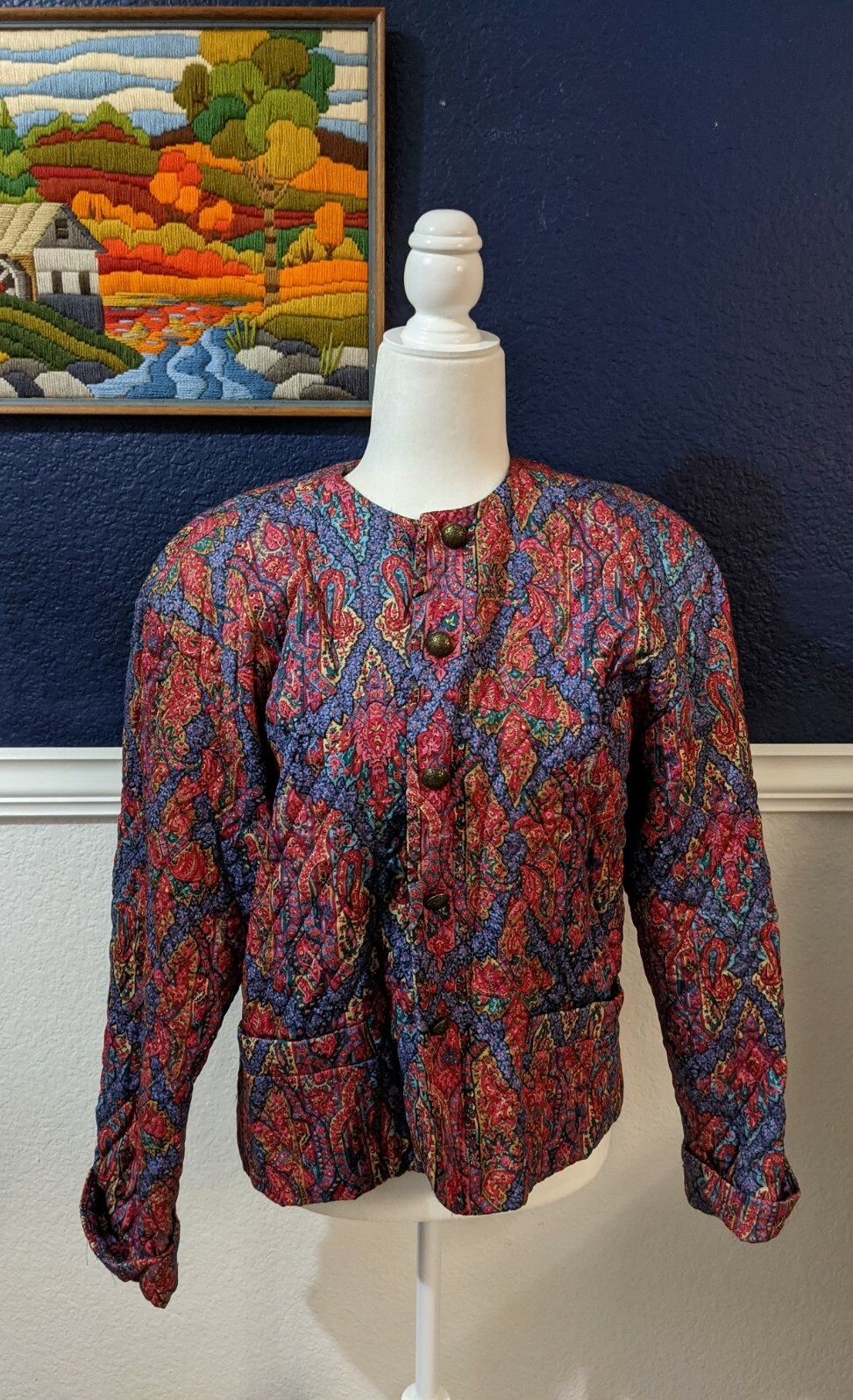 VTG David Brooks USA Blazer Jacket Paisley Quilted Multi Color Sz 12 Large L