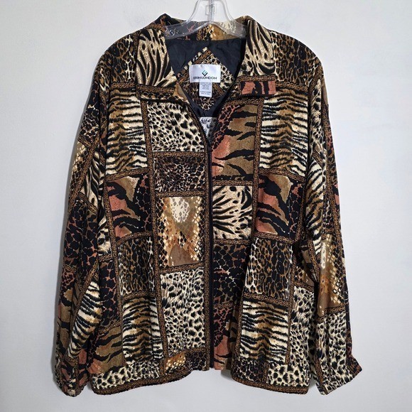 Erin London Vtg 100% silk patchwork animal print zipper front jacket Woman sz XL